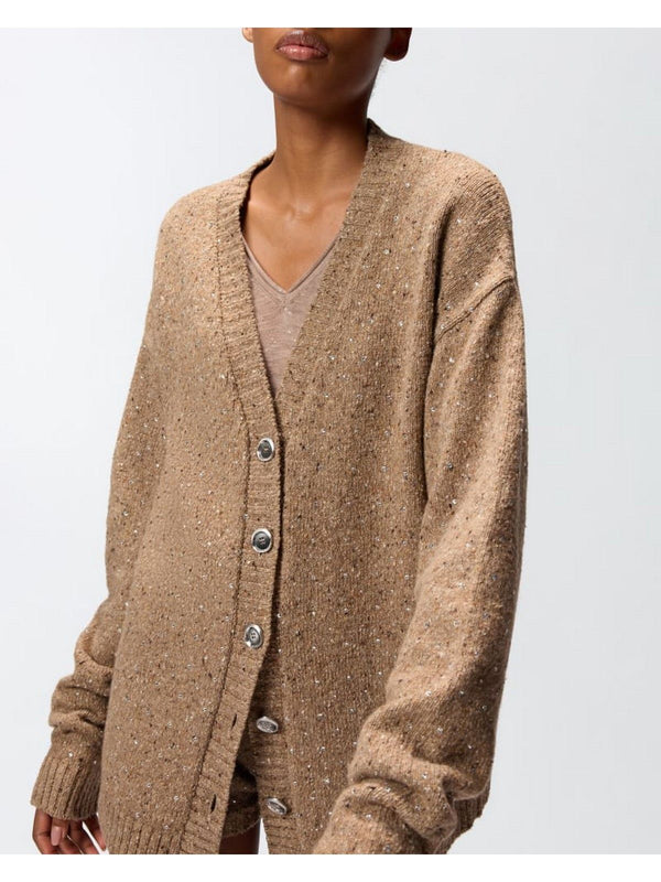 Cardigan Donna Pinko - Cardigan in tessuto bouclé con strass - Beige