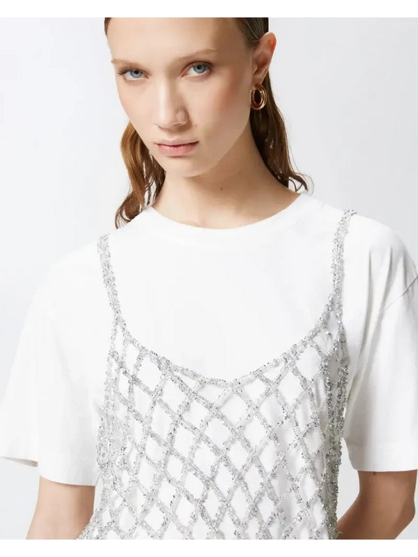 Canotte e top Donna Pinko - T-shirt con top mini paillettes abbinato - Bianco