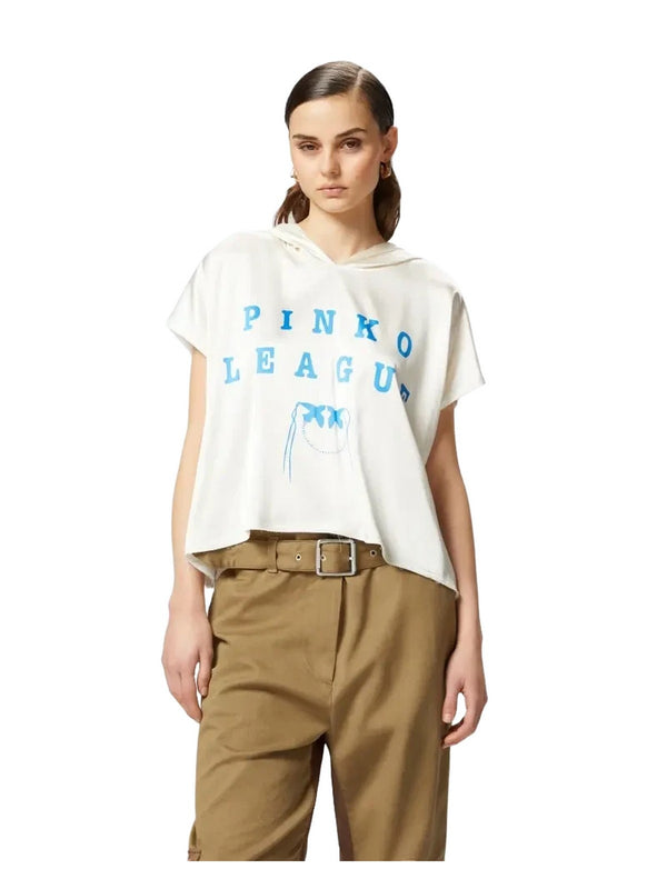 Bluse e camicie Donna Pinko - Blusa con cappuccio e stampa PINKO League - Bianco