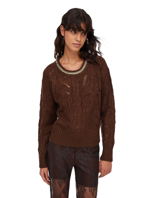 Maglie Donna Liu Jo - Maglia traforata con pietre gioiello - Marrone