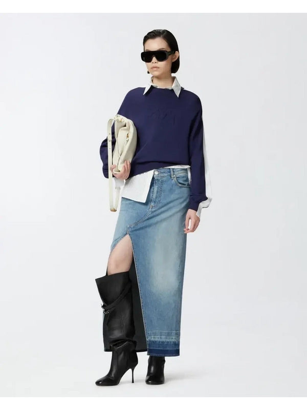 Felpe senza cappuccio Donna Pinko - Felpa girocollo con maniche ampie e logo rilievo - Blu