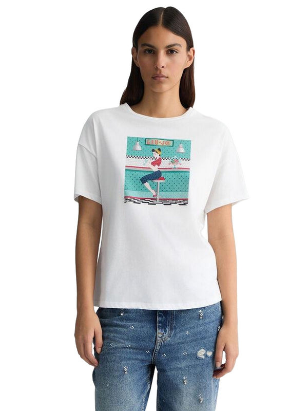 T-shirt Donna Liu Jo - T-shirt con stampa e strass - Bianco