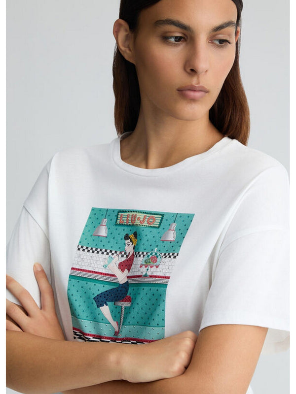 T-shirt Donna Liu Jo - T-shirt con stampa e strass - Bianco