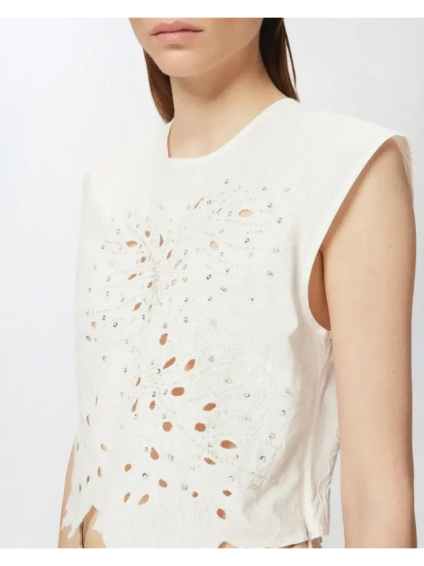 Canotte e top Donna Pinko - Crop top con ricamo traforato e cristalli - Bianco