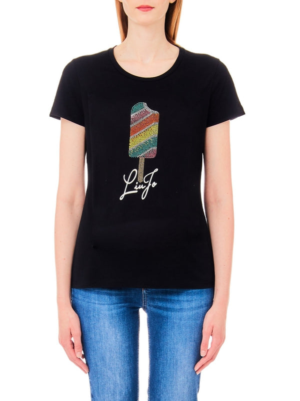 T-shirt Donna Liu Jo - T-shirt con stampa Cupcake e strass - Nero