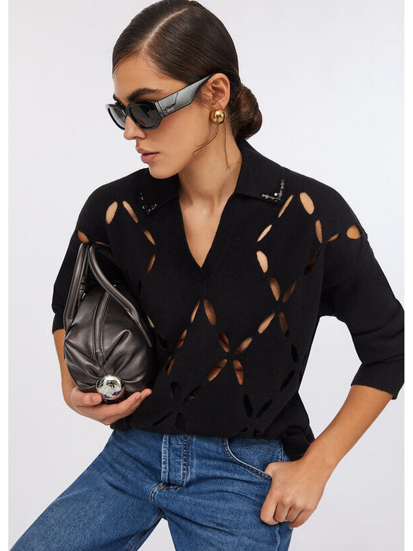 Maglie Donna Liu Jo - Maglia 100% lana con ricami gioiello - Nero