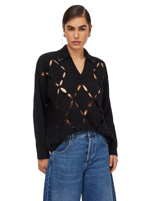 Maglie Donna Liu Jo - Maglia 100% lana con ricami gioiello - Nero