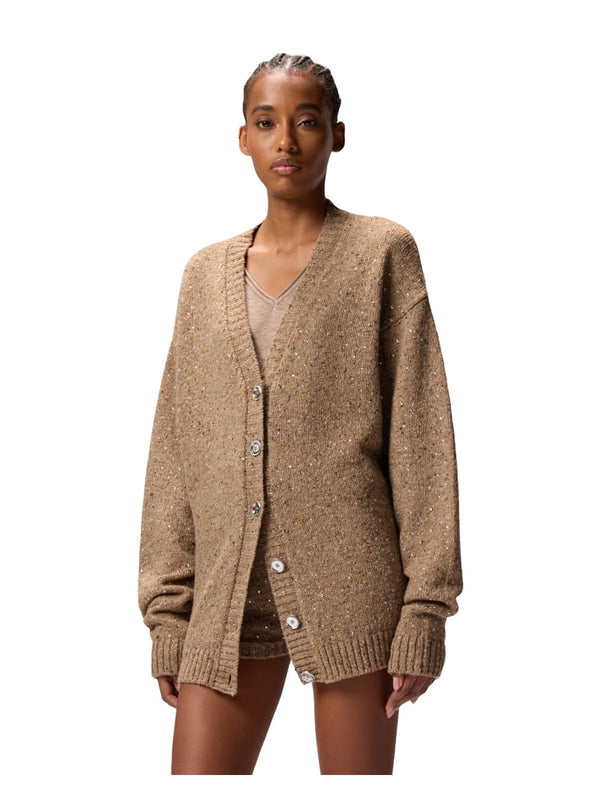 Cardigan Donna Pinko - Cardigan in tessuto bouclé con strass - Beige