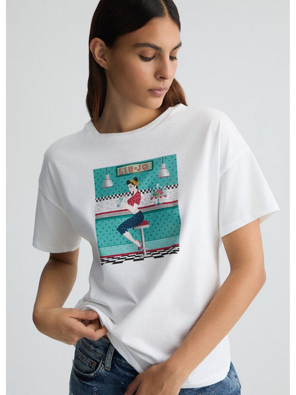 T-shirt Donna Liu Jo - T-shirt con stampa e strass - Bianco