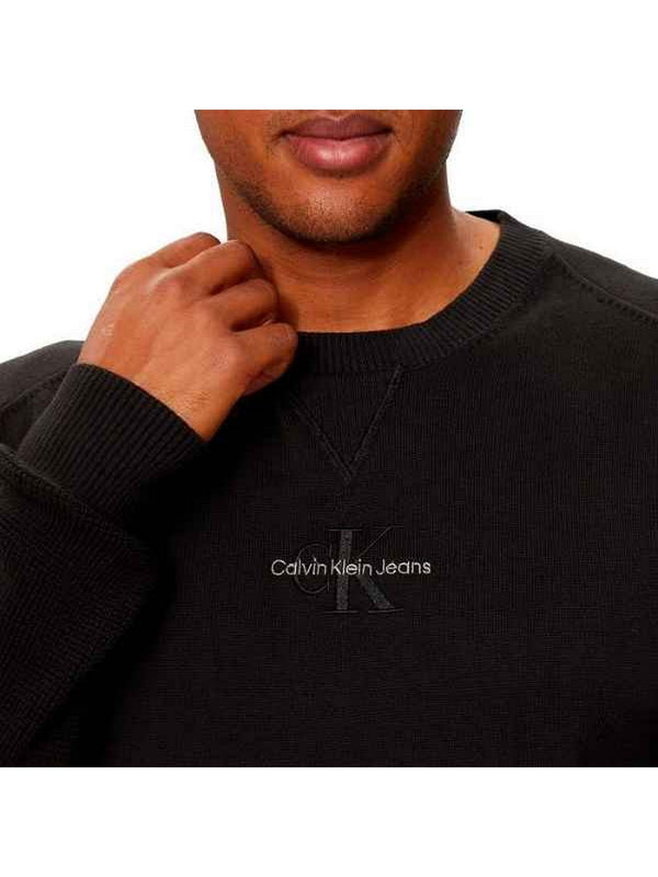 Maglie Uomo Calvin Klein - Maglione Girocollo Logo Con Inserti Nido D'ape - Nero