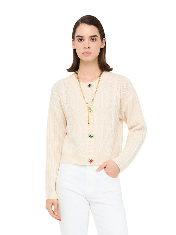 Cardigan Donna Liu Jo - Cardigan in lana con bottoni gioiello - Panna