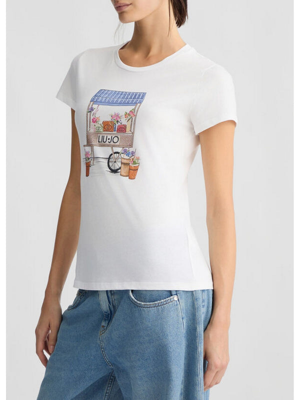 T-shirt Donna Liu Jo - T-shirt con stampa e strass - Bianco