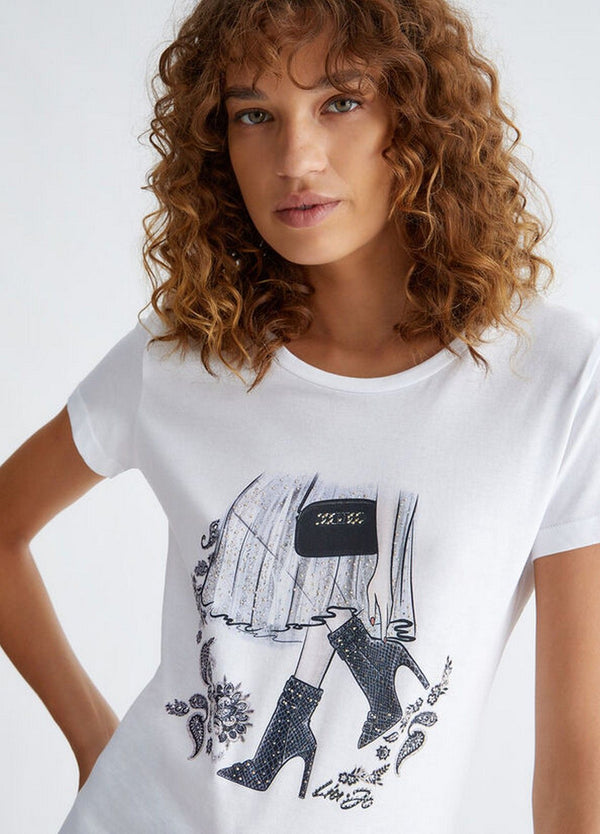 T-shirt Donna Liu Jo - T-shirt con stampa e strass - Bianco