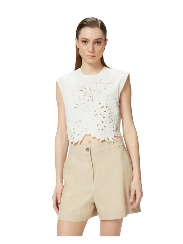 Canotte e top Donna Pinko - Crop top con ricamo traforato e cristalli - Bianco