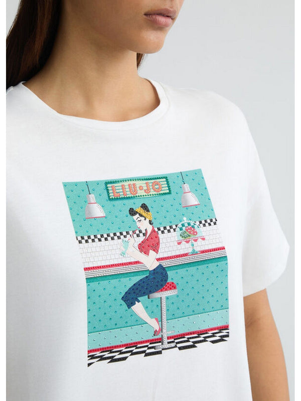 T-shirt Donna Liu Jo - T-shirt con stampa e strass - Bianco