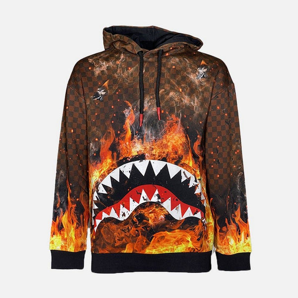 Felpe con cappuccio Uomo Sprayground - Felpa shark on fire hoodie check red - Marrone