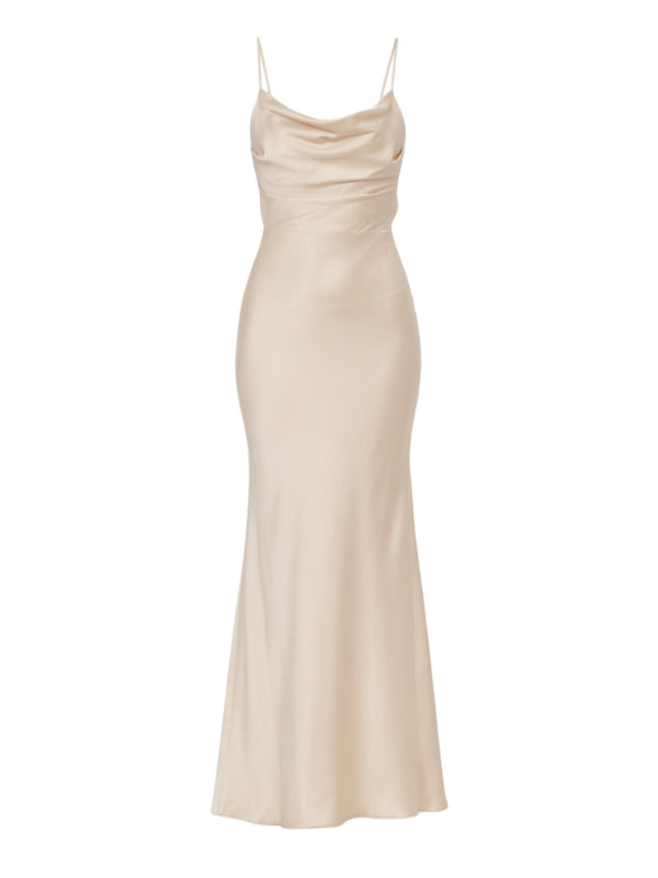 Abito Lungo Donna Actualee Sabbia in Satin con Scollo Drappeggiato  16207 AB004131