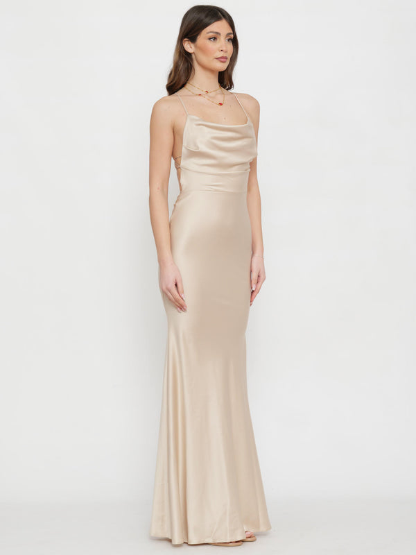 Abito Lungo Donna Actualee Sabbia in Satin con Scollo Drappeggiato  16207 AB004131