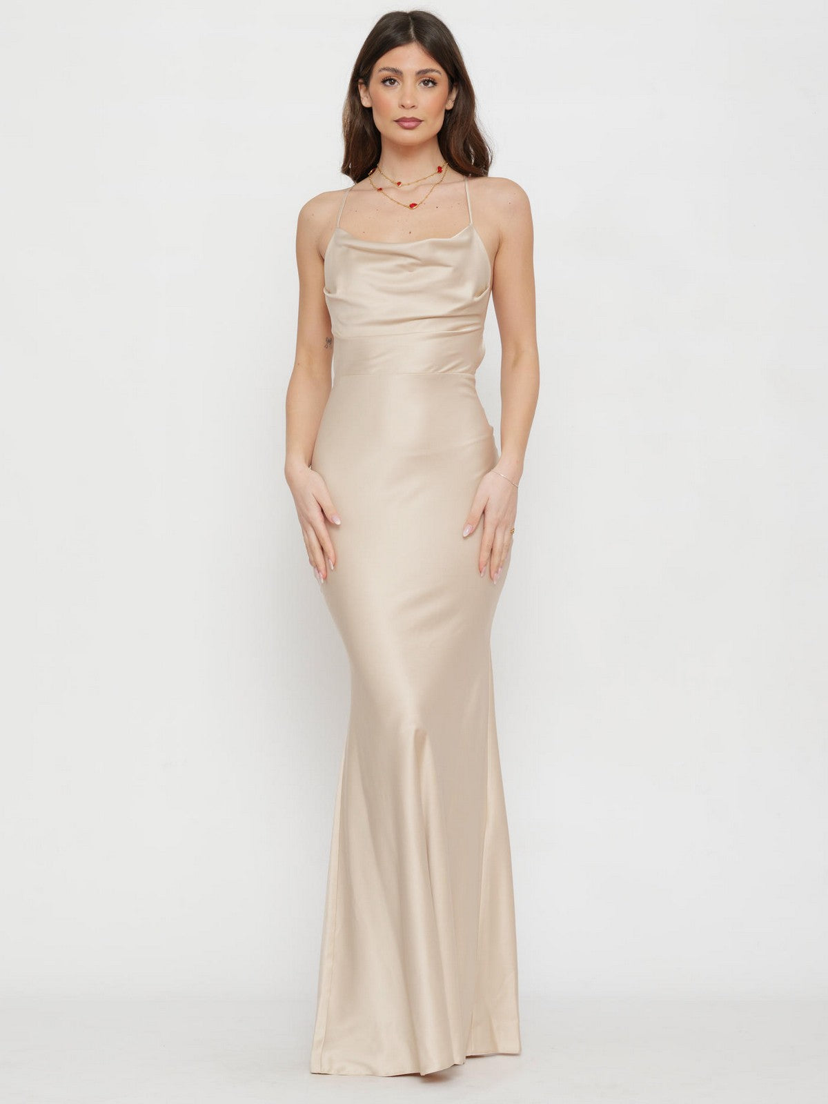 Abito Lungo Donna Actualee Sabbia in Satin con Scollo Drappeggiato  16207 AB004131