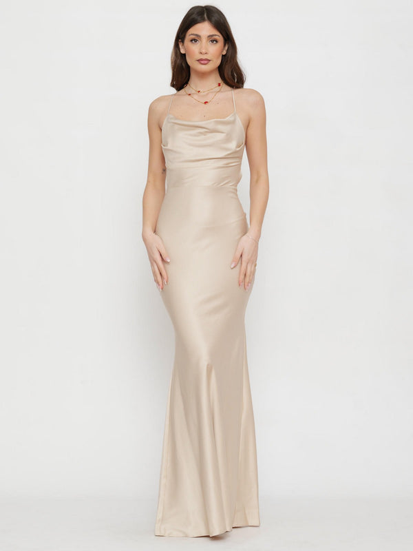 Abito Lungo Donna Actualee Sabbia in Satin con Scollo Drappeggiato  16207 AB004131