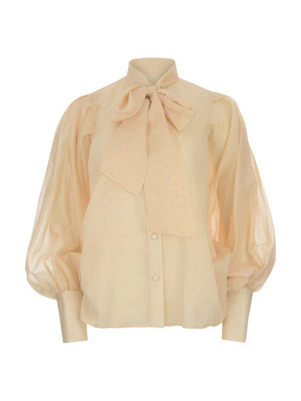 Camicia Donna Actualee Beige Cipria con Fiocco al Collo e Maniche a Sbuffo  Art. 16148 CA000612