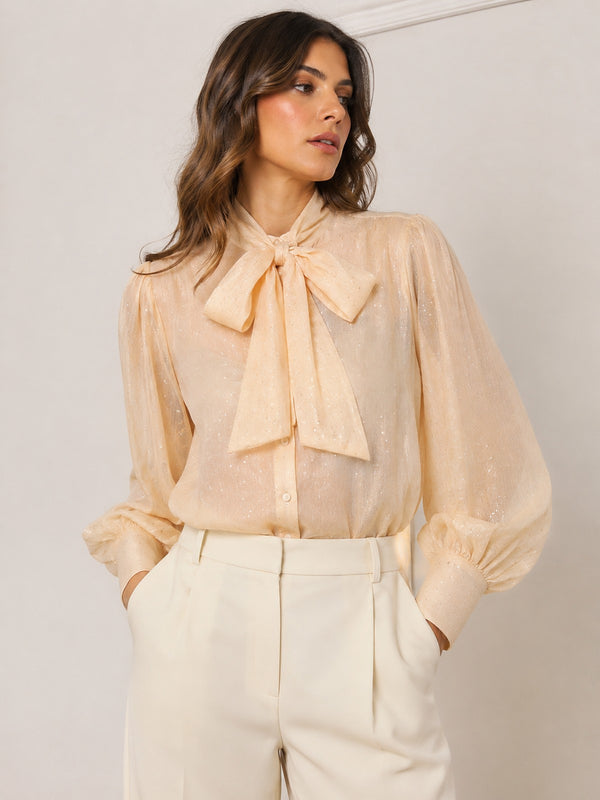 Camicia Donna Actualee Beige Cipria con Fiocco al Collo e Maniche a Sbuffo  Art. 16148 CA000612