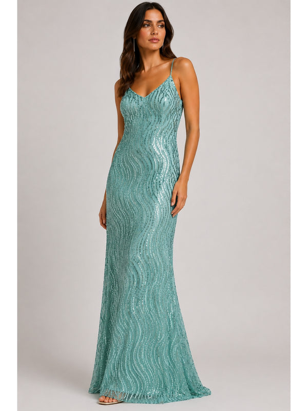 Actualee Abito Donna Verde Acqua con Paillettes Effetto Onde  AB004134 10AB