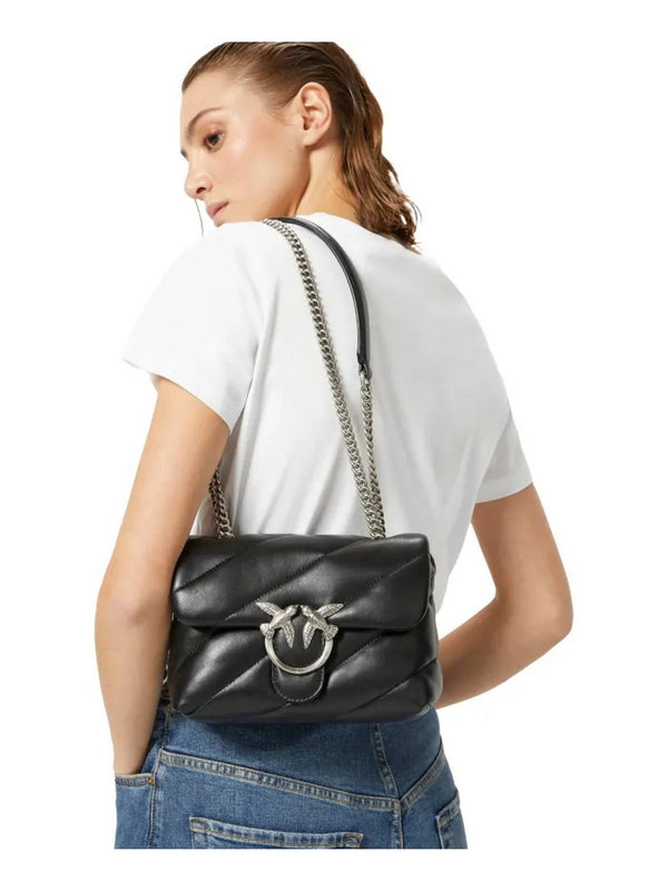 Pinko Borsa Donna Love Puff Mini in Nappa Nera con Logo Love Birds Silver - 100039A0F2-Z99O