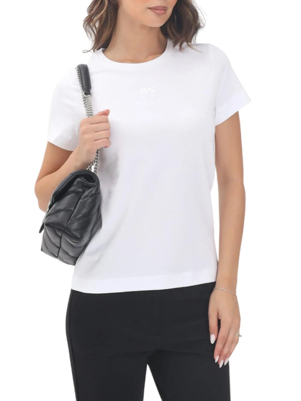 Pinko T-Shirt Donna Bianca BUSSOLOTTO Logo Love Birds Ricamato  100355A2OD Z04