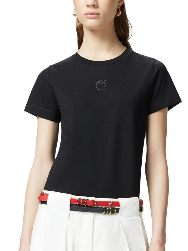 Pinko T-Shirt Donna Bussolotto in Jersey di Cotone Nero con Logo Love Birds | 100355A2OD-Z99