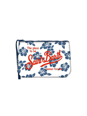 MC2 Saint Barth Pochette Mare Donna Aline Tiki Hibiscus 0161 ALIN001 Blu e Bianco | Beauty Case in Scuba Tropicale da Spiaggia e Viaggio<br />