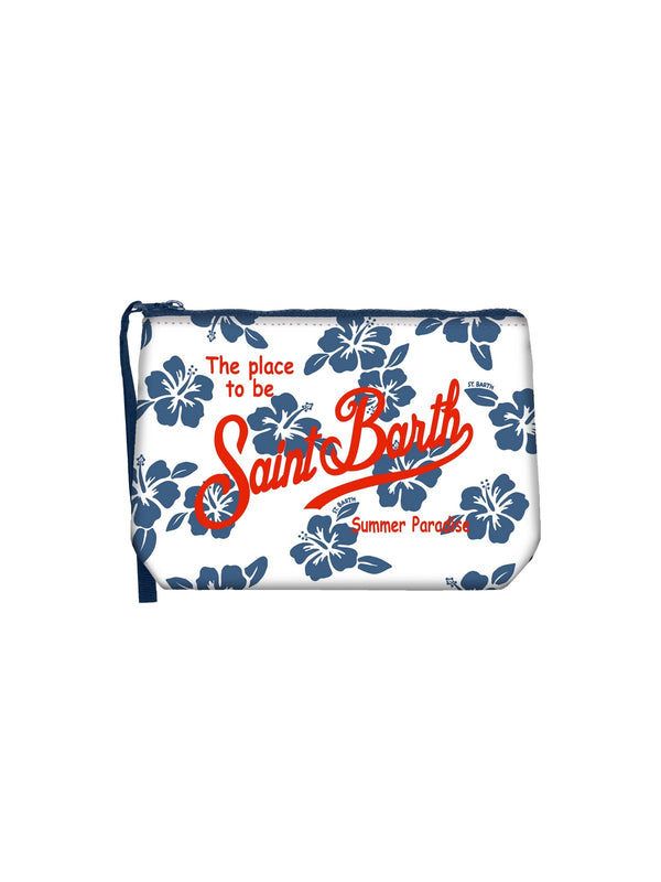 MC2 Saint Barth Pochette Mare Donna Aline Tiki Hibiscus 0161 ALIN001 Blu e Bianco | Beauty Case in Scuba Tropicale da Spiaggia e Viaggio<br />