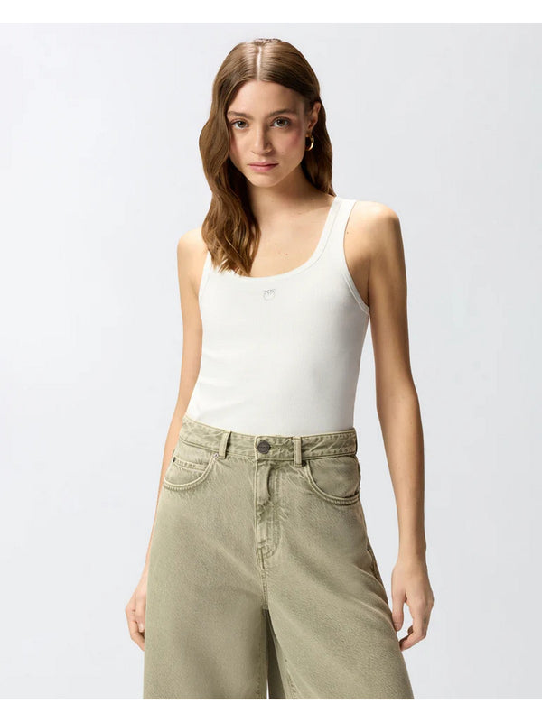 Pinko Top Canotta Donna Calcolatore Bianco in Cotone Stretch a Costine | 100807A338-Z05