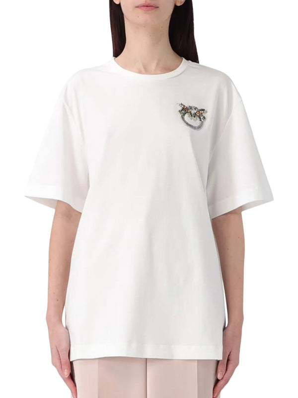 Pinko T-Shirt Donna Bianca STREPITOSO con Ricamo Love Birds Gioiello  105526A33F-Z05