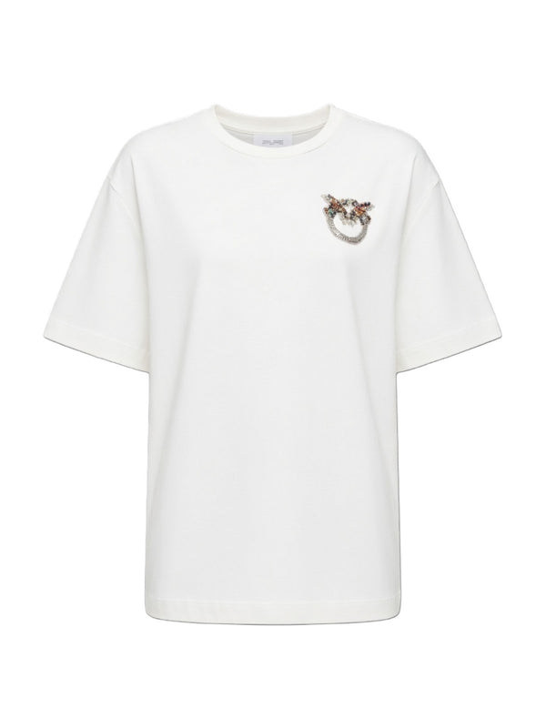 Pinko T-Shirt Donna Bianca STREPITOSO con Ricamo Love Birds Gioiello  105526A33F-Z05