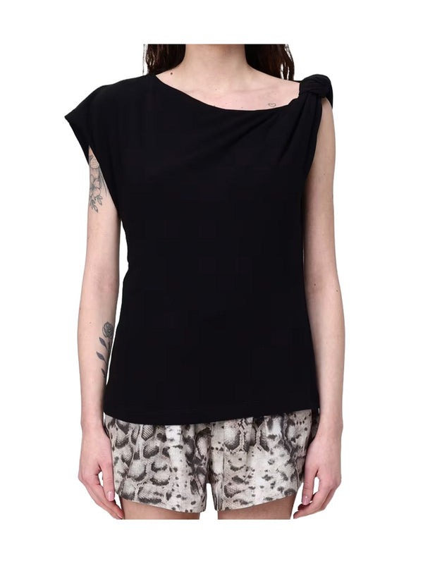 Pinko T-Shirt Donna Marlena in Jersey di Cotone Nero con Nodo sulla Spalla - 106373A35D-PJD
