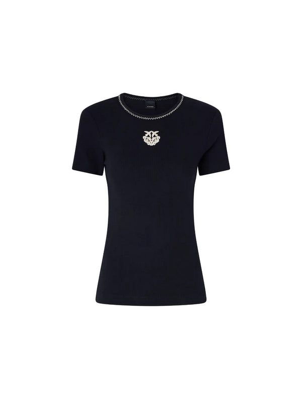 Pinko T-Shirt Donna Nera BRUGHERIO in Costina con Logo Love Birds  106815A3AL-ZZ2
