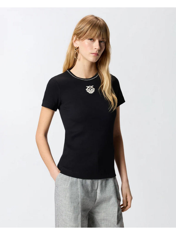 Pinko T-Shirt Donna Nera BRUGHERIO in Costina con Logo Love Birds  106815A3AL-ZZ2