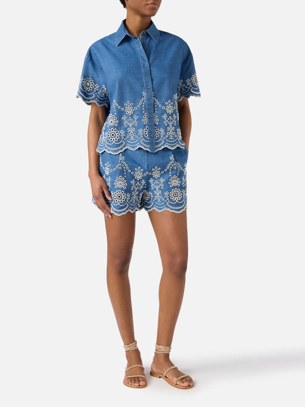 Mc2 Saint Barth Woman Shorts Amani Chambray M Morris Flower 10 Emb - Amn0001