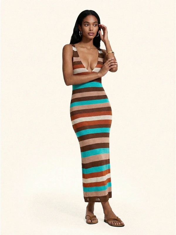 Abito Lungo Donna Me Fui Multicolore a Righe in Maglia con Scollo Profondo - MF26-SW0409MC