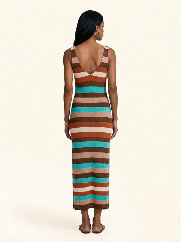 Abito Lungo Donna Me Fui Multicolore a Righe in Maglia con Scollo Profondo - MF26-SW0409MC