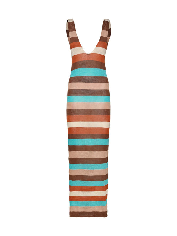 Abito Lungo Donna Me Fui Multicolore a Righe in Maglia con Scollo Profondo - MF26-SW0409MC