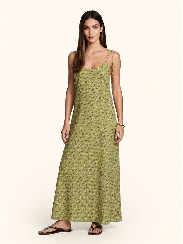 Vestito Lungo Donna Me Fui Fantasia Verde Floreale con Spalline Regolabili SW1600-X03