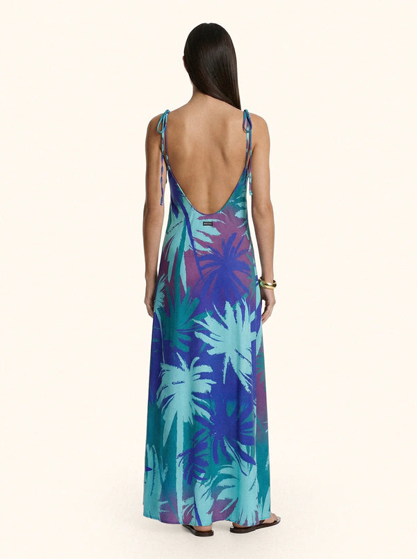 Abito Lungo Donna Me Fui Fantasia Palme Turchese Blu e Viola SW1600-X45
