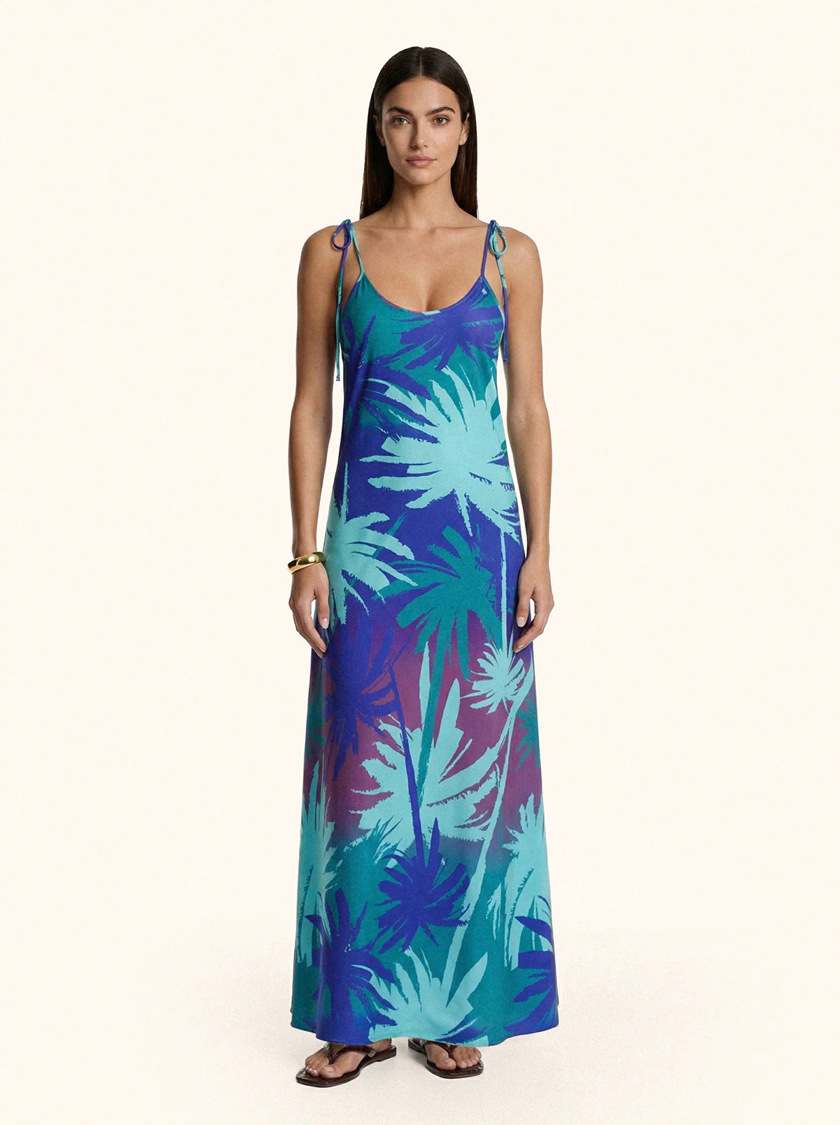 Abito Lungo Donna Me Fui Fantasia Palme Turchese Blu e Viola SW1600-X45