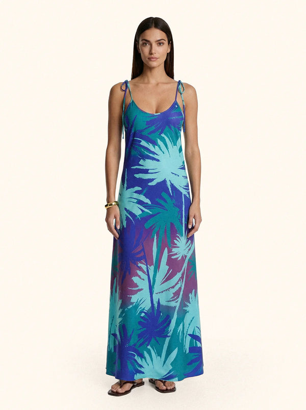 Abito Lungo Donna Me Fui Fantasia Palme Turchese Blu e Viola SW1600-X45