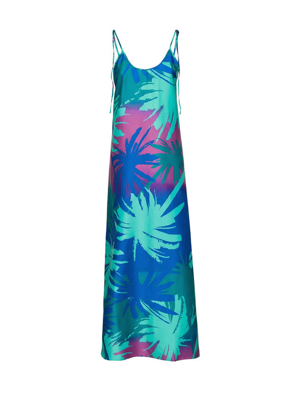 Abito Lungo Donna Me Fui Fantasia Palme Turchese Blu e Viola SW1600-X45