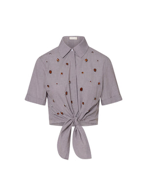 Liu Jo Camicia Donna Cropped Vichy Marrone con Castoni Gioiello e Nodo CA6248 T527A P9588