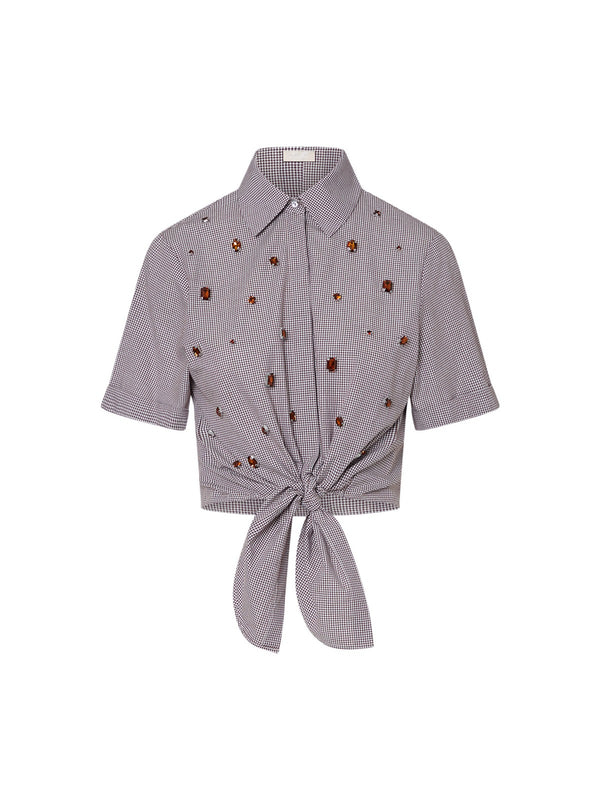 Liu Jo Camicia Donna Cropped Vichy Marrone con Castoni Gioiello e Nodo CA6248 T527A P9588