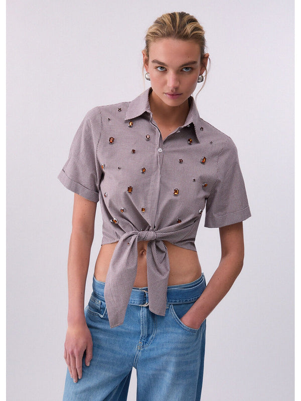 Liu Jo Camicia Donna Cropped Vichy Marrone con Castoni Gioiello e Nodo CA6248 T527A P9588
